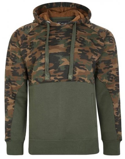 Kam Jeans 7036B Camo Pannelled Over The Head Hoody Khaki - Puloverji & jopice - Moški Puloverji & Jopice za Močnejše Postave