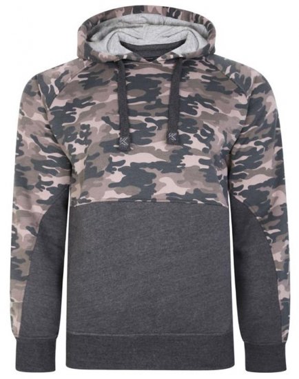 Kam Jeans 7036B Camo Pannelled Over The Head Hoody Charcoal - Puloverji & jopice - Moški Puloverji & Jopice za Močnejše Postave