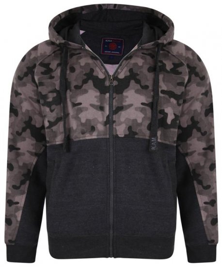 Kam Jeans 7036 Camo Print Full Zipper Hoodie Charcoal - Puloverji & jopice - Moški Puloverji & Jopice za Močnejše Postave