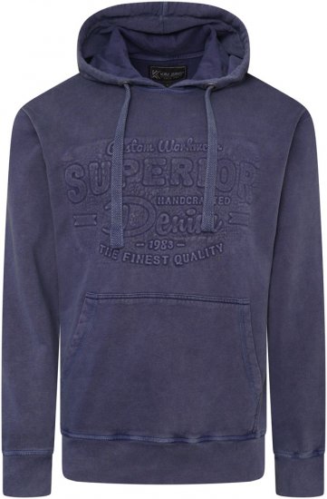 Kam Jeans 7066 Over Head Washed Embossed Hoody Blue - Puloverji & jopice - Moški Puloverji & Jopice za Močnejše Postave
