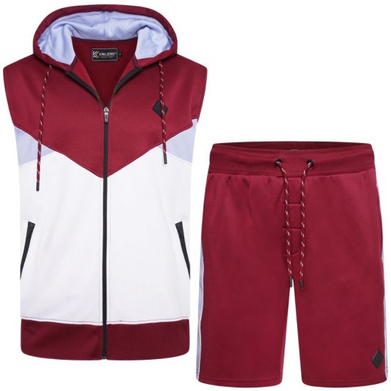 Kam Jeans TS006 Retro Pannelled Tracky Set (Shorts/Sleeveless Hoodie) Red - Trenirke kompleti - Moške Trenirke kompleti za močnejše postave