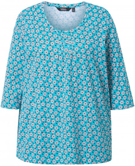 Ulla Popken Flower Print 3/4 Sleeve A-Line Tee Deep Aqua - Natisnjene majice za ženske - 