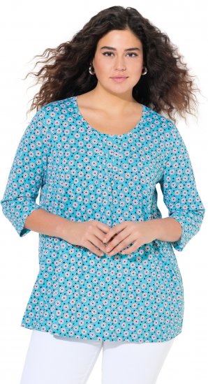 Ulla Popken Flower Print 3/4 Sleeve A-Line Tee Deep Aqua - Natisnjene majice za ženske - 