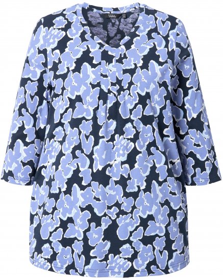 Ulla Popken Floral Print 3/4 Sleeve V-Neck Tee Navy Blue - Natisnjene majice za ženske - 