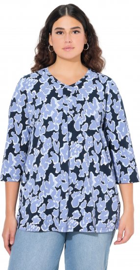 Ulla Popken Floral Print 3/4 Sleeve V-Neck Tee Navy Blue - Natisnjene majice za ženske - 