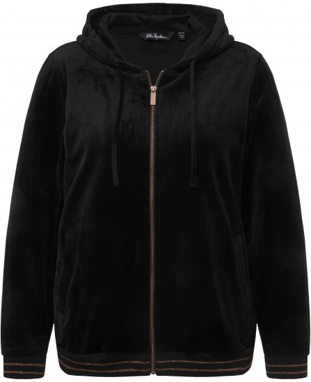 Ulla Popken Tulip Line Print Velour Zip Hoodie Black - Puloverji & jopice - 
