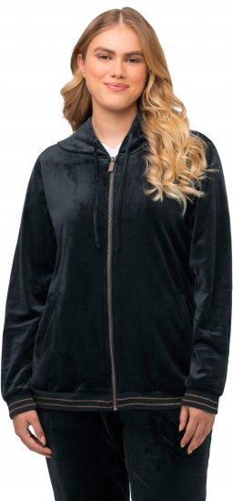 Ulla Popken Tulip Line Print Velour Zip Hoodie Black - Puloverji & jopice - 