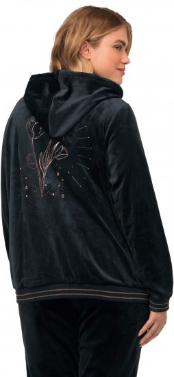 Ulla Popken Tulip Line Print Velour Zip Hoodie Black - Puloverji & jopice - 