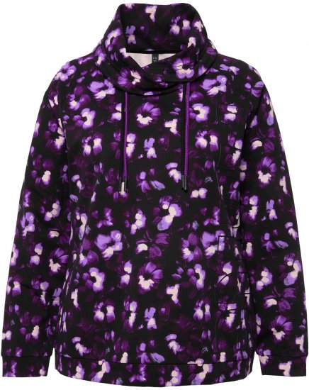 Ulla Popken Floral Print Drawstring Collar Hoodie Black - Puloverji & jopice - 