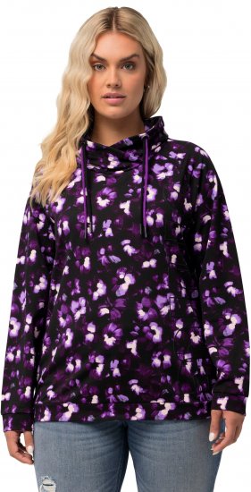 Ulla Popken Floral Print Drawstring Collar Hoodie Black - Puloverji & jopice - 