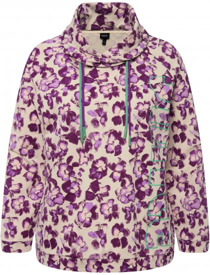 Ulla Popken Floral Print Drawstring Collar Hoodie Vanilla - Puloverji & jopice - 