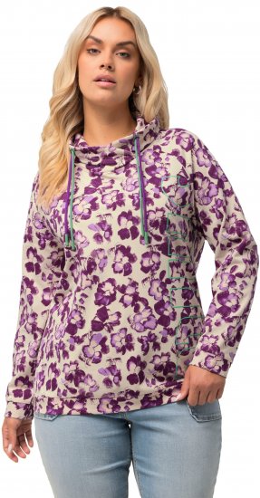 Ulla Popken Floral Print Drawstring Collar Hoodie Vanilla - Puloverji & jopice - 