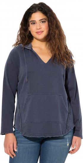 Ulla Popken Open Edged Long Sleeve V-Neck Hoodie Navy - Puloverji & jopice - 