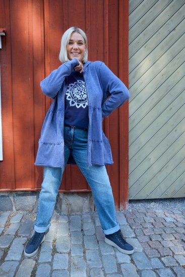 Ulla Popken Tiered Flounce Panel Zip Up Hoodie Atlantic Blue - Puloverji & jopice - 