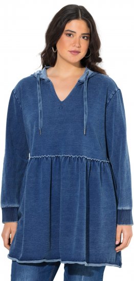 Ulla Popken Indigo Dyed Flounce Panel Hoodie Blue - Puloverji & jopice - 