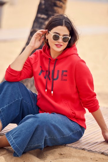 Ulla Popken TRUE Lettering Hoodie Neon Red - Puloverji & jopice - 