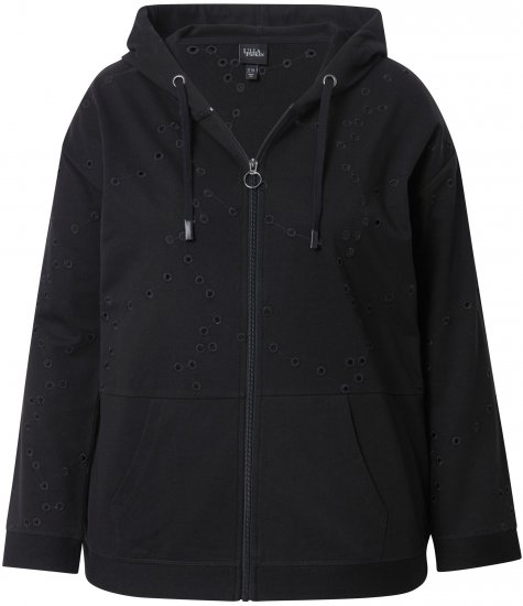 Ulla Popken Eyelet Embroidered Zip-Up Hoodie Black - Puloverji & jopice - 