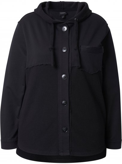 Ulla Popken Mixed Texture Button Down Hoodie Black - Puloverji & jopice - 