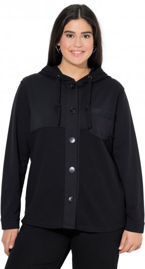 Ulla Popken Mixed Texture Button Down Hoodie Black - Puloverji & jopice - 