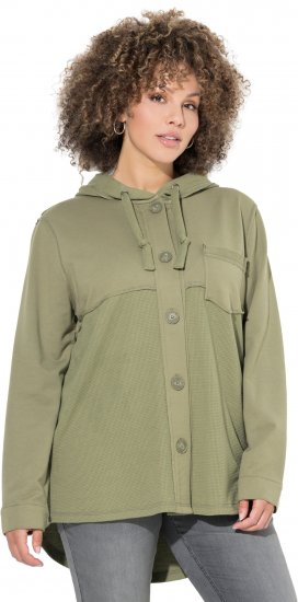 Ulla Popken Mixed Texture Button Down Hoodie Pond Green - Puloverji & jopice - 