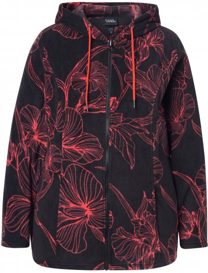 Ulla Popken Fleece Flower Print Zip-Up Hoodie Black - Puloverji & jopice - 