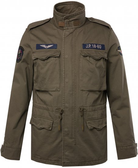 JP1880 Field Jacket with Badges Vintage Look Moss Green - Jakne - Moške bunde za Močnejše Postave