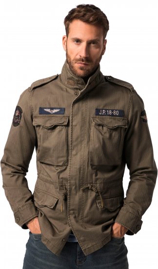 JP1880 Field Jacket with Badges Vintage Look Moss Green - Jakne - Moške bunde za Močnejše Postave