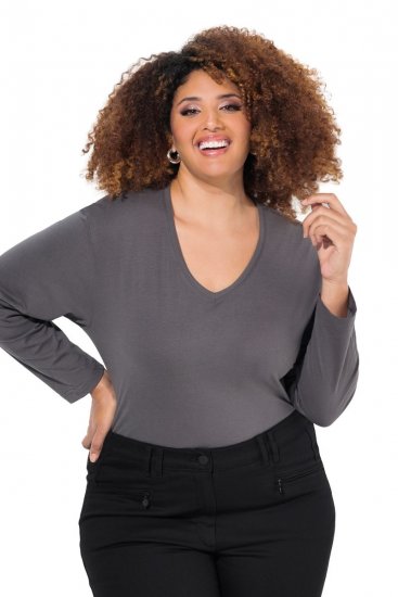Ulla Popken Back To Basics V-Neck Relaxed Fit Cotton Tee Graphite Grey - Majice - Ženske majice večjih velikosti