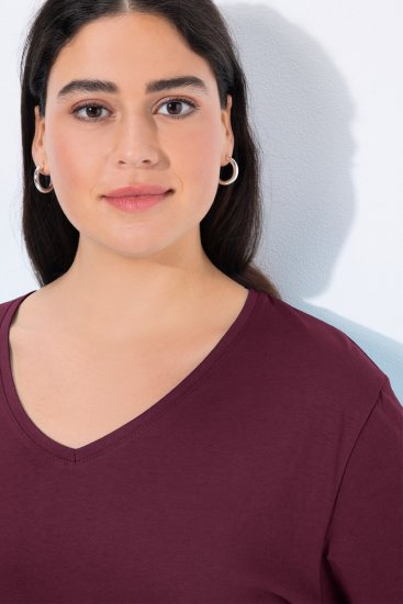 Ulla Popken Back To Basics V-Neck Relaxed Fit Cotton Tee Dark Berry - Majice - Ženske majice večjih velikosti