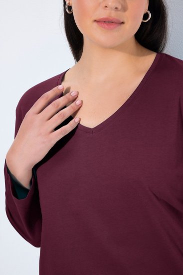 Ulla Popken Back To Basics V-Neck Relaxed Fit Cotton Tee Dark Berry - Majice - Ženske majice večjih velikosti