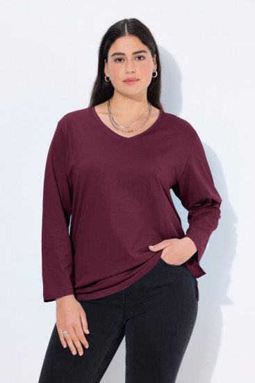 Ulla Popken Back To Basics V-Neck Relaxed Fit Cotton Tee Dark Berry - Majice - Ženske majice večjih velikosti