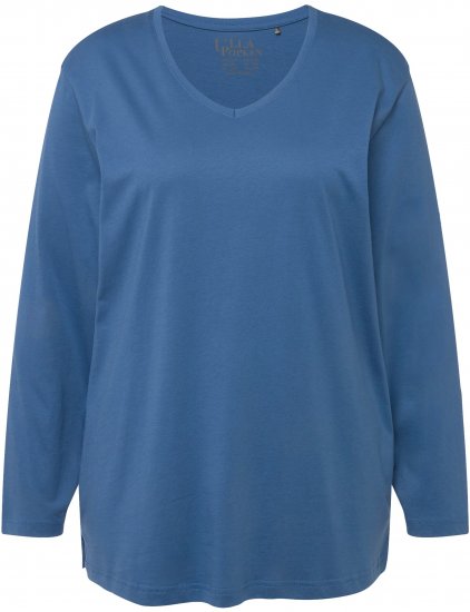 Ulla Popken Back To Basics V-Neck Relaxed Fit Cotton Tee Denim Blue - Majice - 