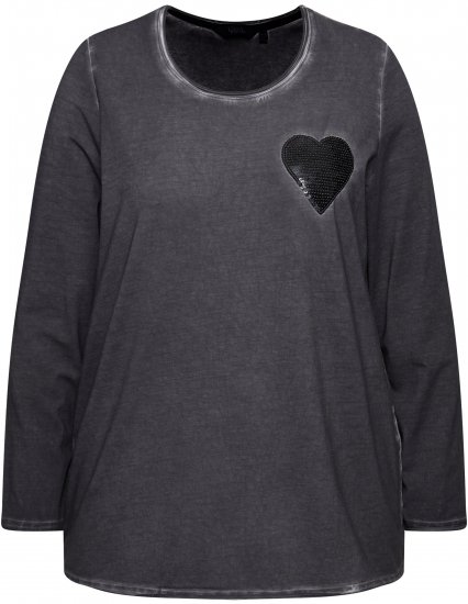 Ulla Popken Cold Dyed Sequined Heart Long Sleeve Tee Asphalt - Natisnjene majice za ženske - 