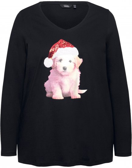 Ulla Popken Puppy Graphic Christmas Long Sleeve T-Shirt Black - Majice - 