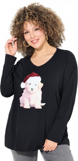 Ulla Popken Puppy Graphic Christmas Long Sleeve T-Shirt Black - Majice - 