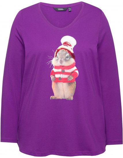 Ulla Popken Christmas Squirrel Long Sleeve Graphic Tee Dark Purple - Natisnjene majice za ženske - 