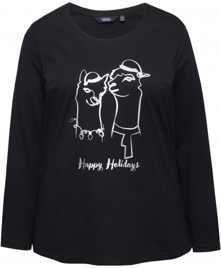 Ulla Popken Metallic Graphic Holiday Tee Black - Natisnjene majice za ženske - 