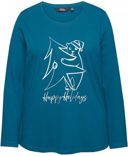 Ulla Popken Metallic Graphic Holiday Tee Teal - Natisnjene majice za ženske - 