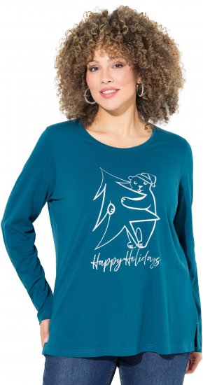 Ulla Popken Metallic Graphic Holiday Tee Teal - Natisnjene majice za ženske - 