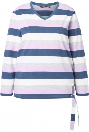 Ulla Popken Striped Knotted Hem Long Sleeve Tee Lavender - Natisnjene majice za ženske - 