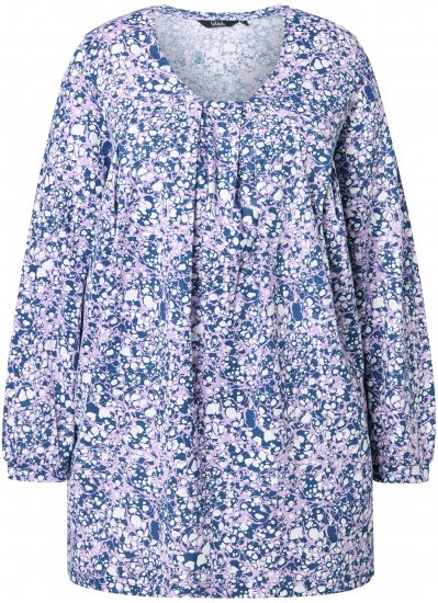 Ulla Popken Allover Printed Pleated Long Sleeve Tee Dark Blue - Natisnjene majice za ženske - 