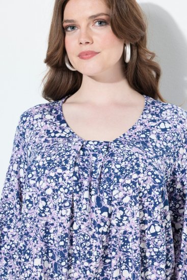 Ulla Popken Allover Printed Pleated Long Sleeve Tee Dark Blue - Natisnjene majice za ženske - Ženske majice s potiskom