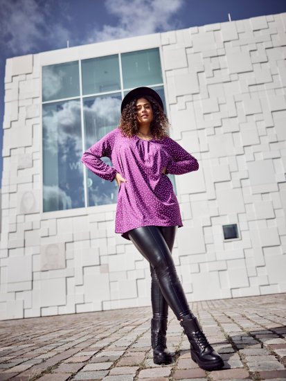 Ulla Popken Pleated Confetti Print Long Sleeve Tee Light Plum - Natisnjene majice za ženske - 