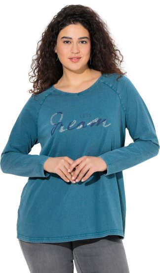 Ulla Popken Dream Rhinestone Lettering Long Sleeve Tee Teal - Natisnjene majice za ženske - 