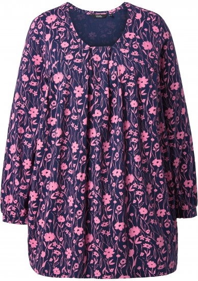 Ulla Popken Pleated Long Sleeve Floral Knit Tunic Ink Blue - Natisnjene majice za ženske - 