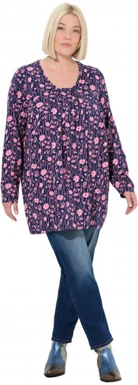 Ulla Popken Pleated Long Sleeve Floral Knit Tunic Ink Blue - Natisnjene majice za ženske - 