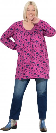 Ulla Popken Pleated Long Sleeve Floral Knit Tunic Summer Berry - Natisnjene majice za ženske - 