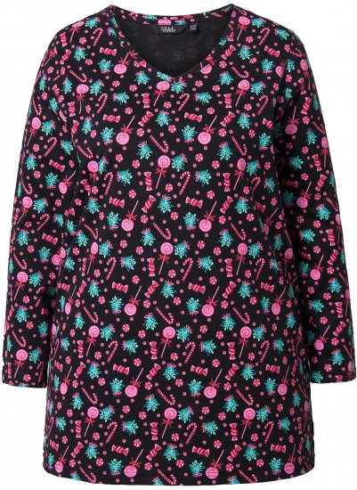 Ulla Popken Peppermint Tree V-Neck Holiday Cotton Long Sleeve Knit Tunic Black - Natisnjene majice za ženske - 