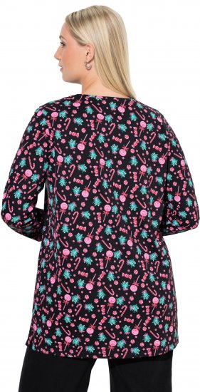 Ulla Popken Peppermint Tree V-Neck Holiday Cotton Long Sleeve Knit Tunic Black - Natisnjene majice za ženske - 