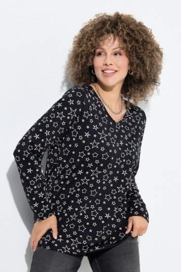 Ulla Popken Allover Printed Long Sleeve Tee Black - Natisnjene majice za ženske - Ženske majice s potiskom